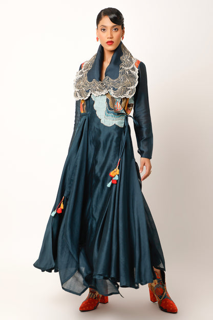 Waves Embroidered Draped Collar Angrakha With Pants - Midnight Blue