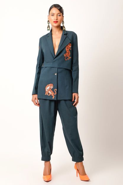 Tiger Embroidered Jacket With Joggers - Midnight Blue