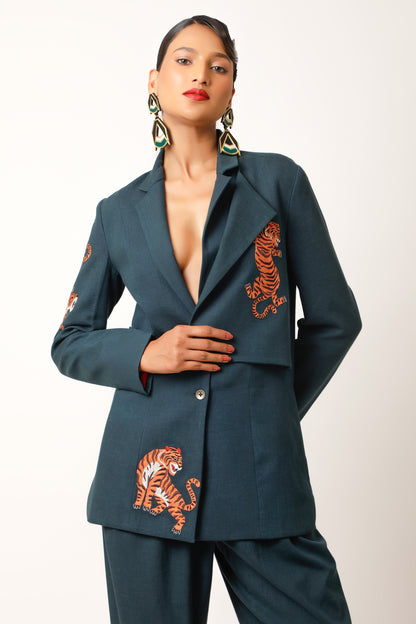 Tiger Embroidered Jacket With Joggers - Midnight Blue