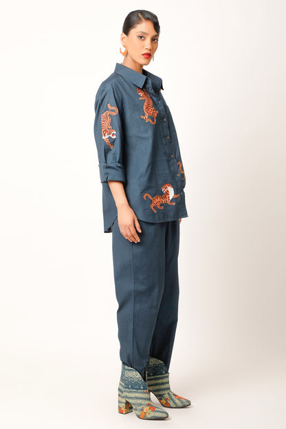 Tiger Embroidered Linen Co Ords - Midnight Blue