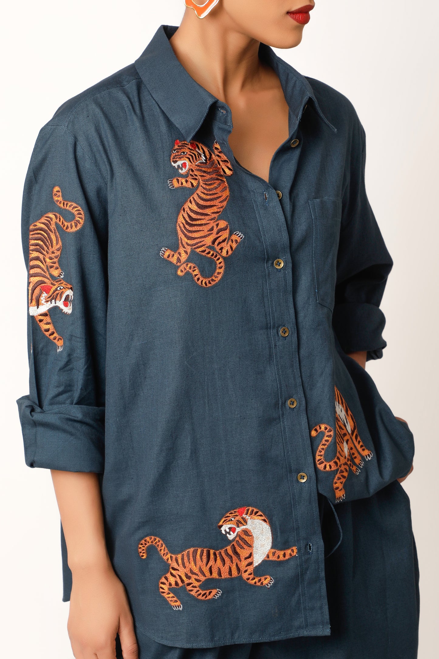 Tiger Embroidered Linen Co Ords - Midnight Blue