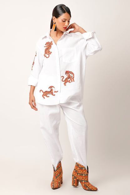 Tiger Embroidered Linen Co Ords - Ivory