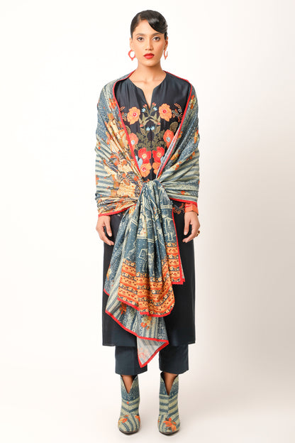 Foliage Embroidered Straight Kurta With Pants - Indigo