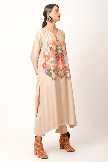 Foliage Embroidered Straight Kurta With Pants - Beige