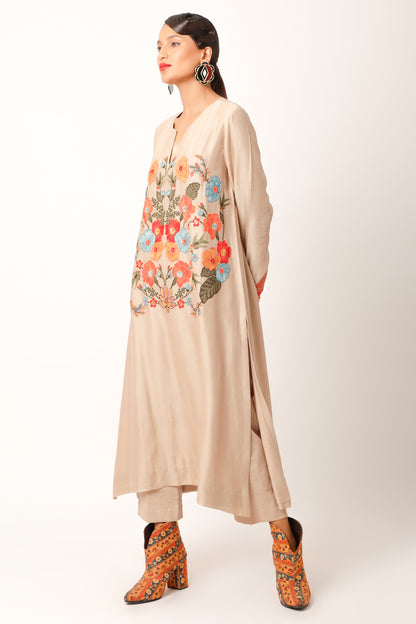 Foliage Embroidered Straight Kurta With Pants - Beige