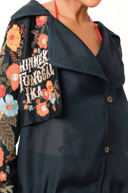 Foliage Embroidered Trench Bomber Jacket - Midnight Blue