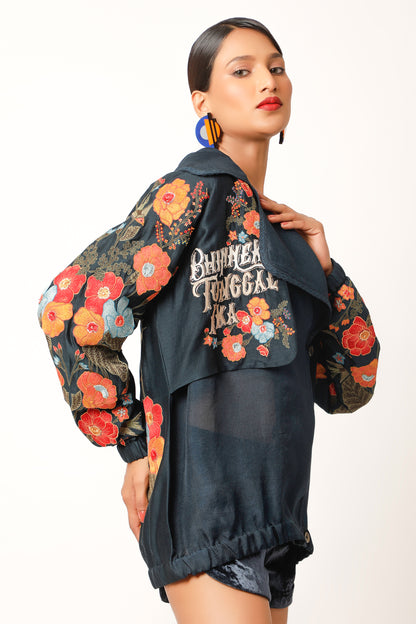 Foliage Embroidered Trench Bomber Jacket - Midnight Blue