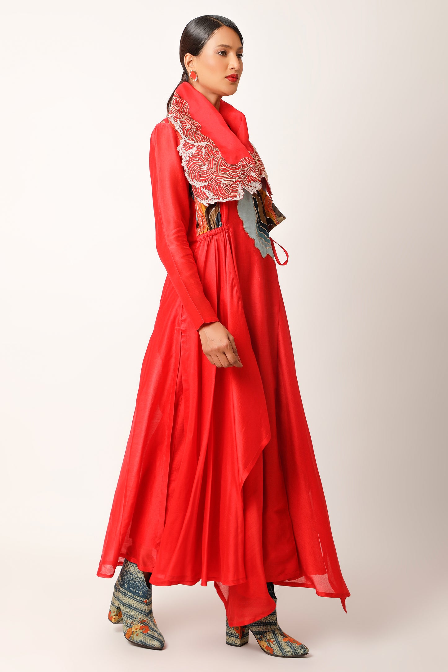 Waves Embroidered Draped Collar Angrakha With Pants - Red