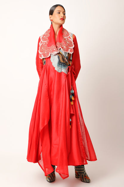 Waves Embroidered Draped Collar Angrakha With Pants - Red