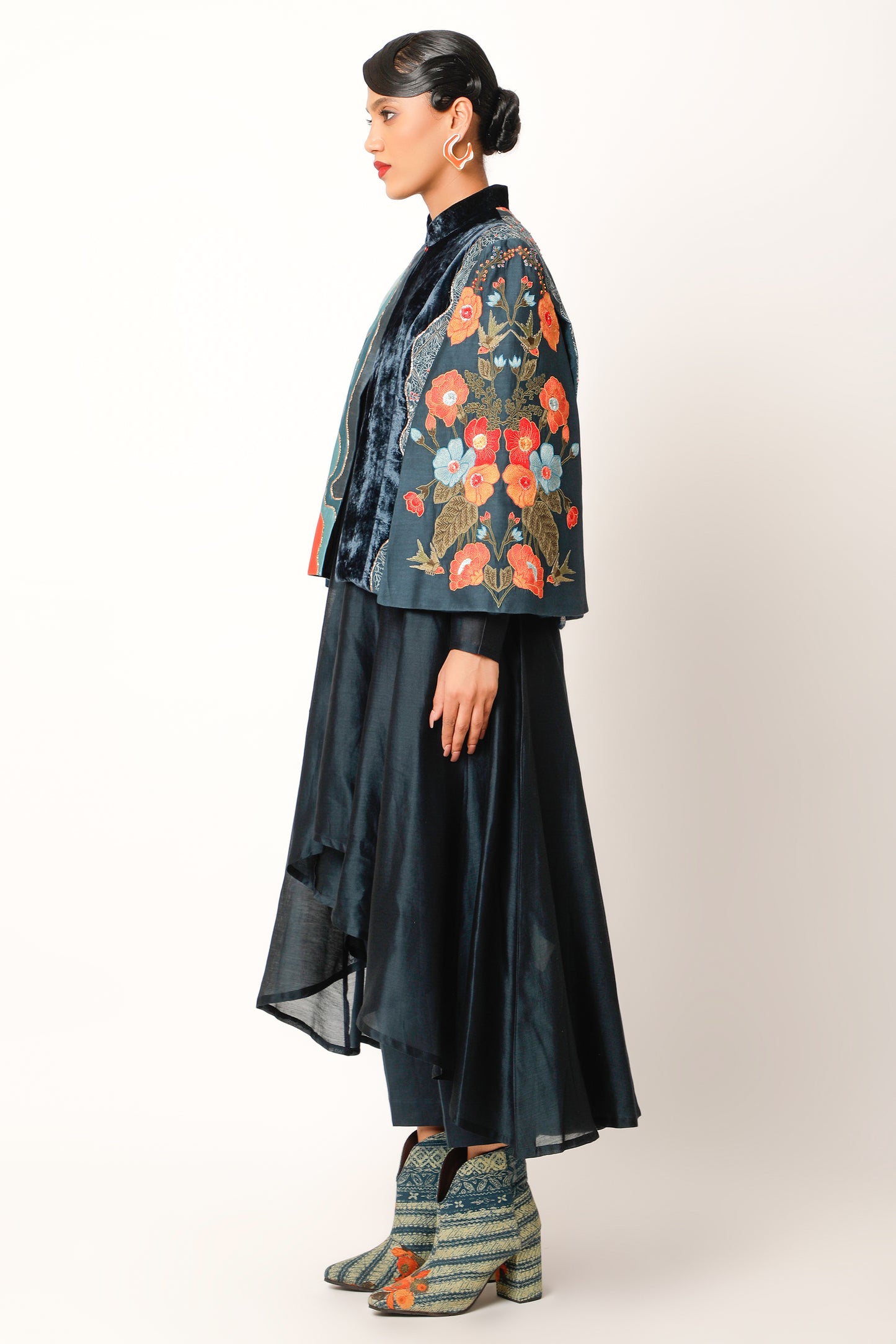 Foliage Emb Cape With Assymtrical Kalidar - Midnight Blue
