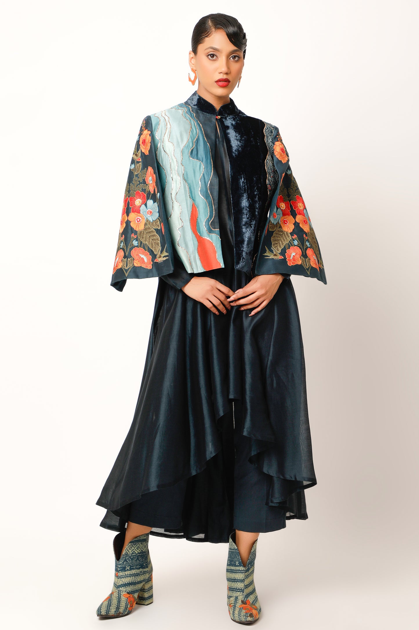 Foliage Emb Cape With Assymtrical Kalidar - Midnight Blue