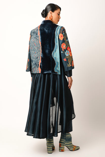 Foliage Emb Cape With Assymtrical Kalidar - Midnight Blue