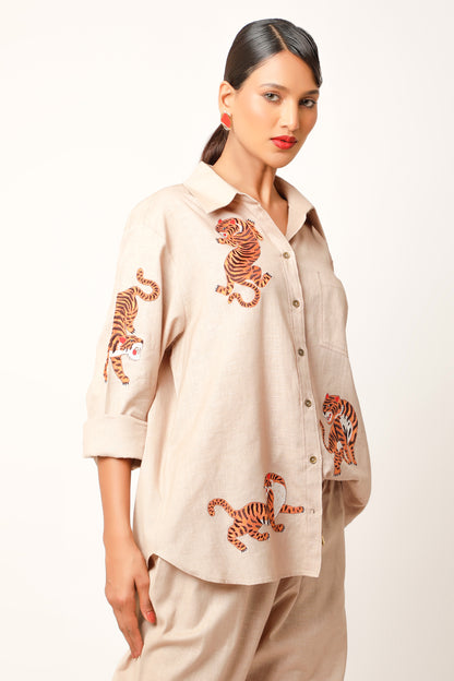 Tiger Embroidered Linen Co Ords - Beige