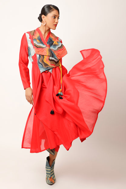 Landscape Embroidered Overlap Angrakha With Pants - Red