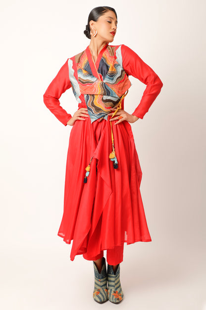 Landscape Embroidered Overlap Angrakha With Pants - Red