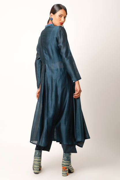 Landscape Embroidered Overlap Angrakha With Pants - Midnight Blue