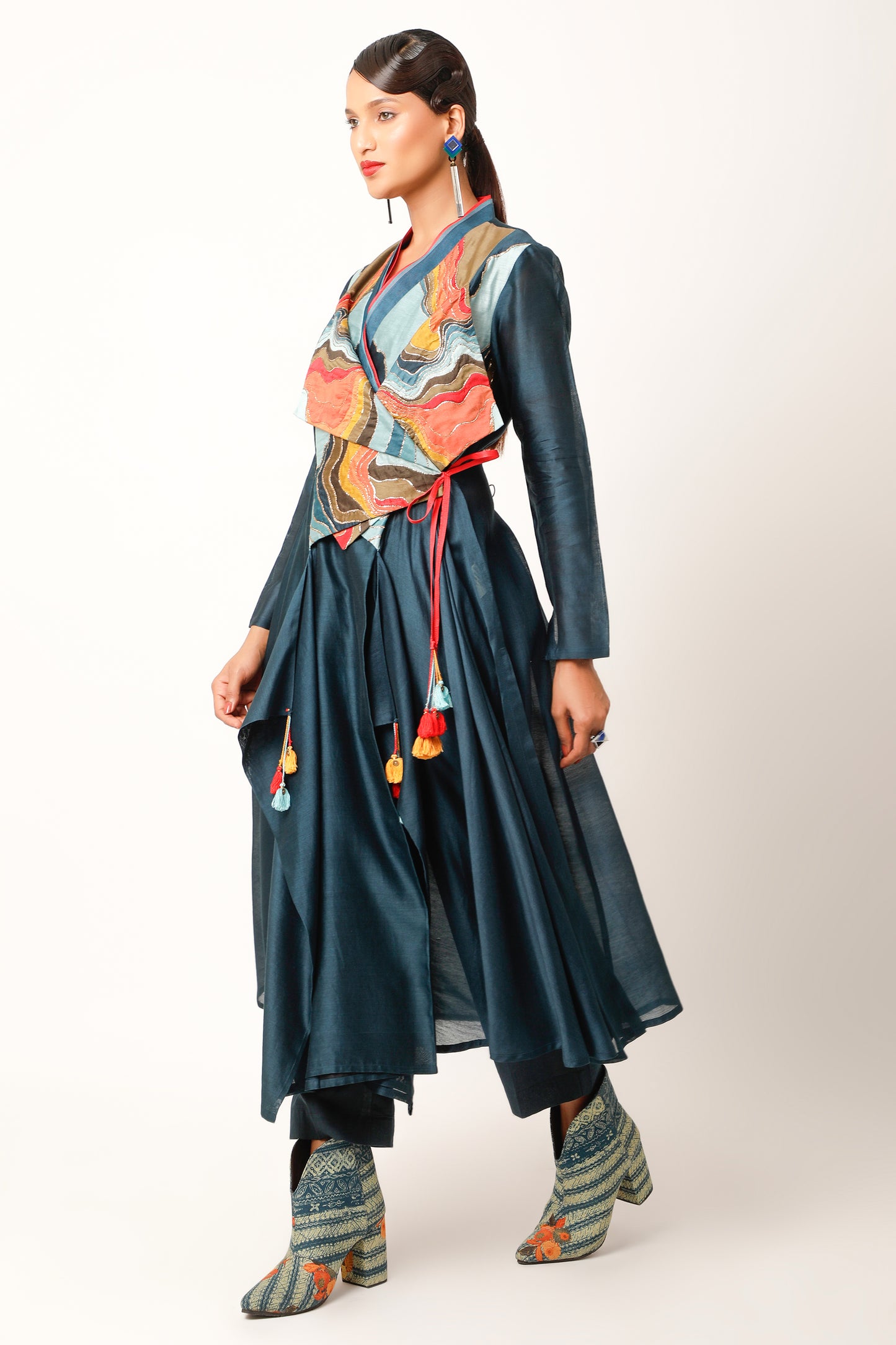 Landscape Embroidered Overlap Angrakha With Pants - Midnight Blue
