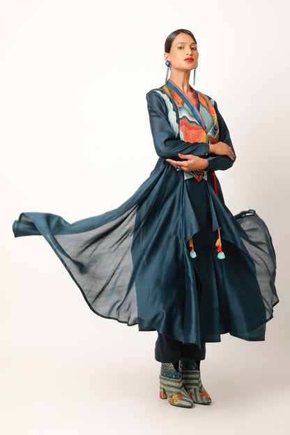 Landscape Embroidered Overlap Angrakha With Pants - Midnight Blue