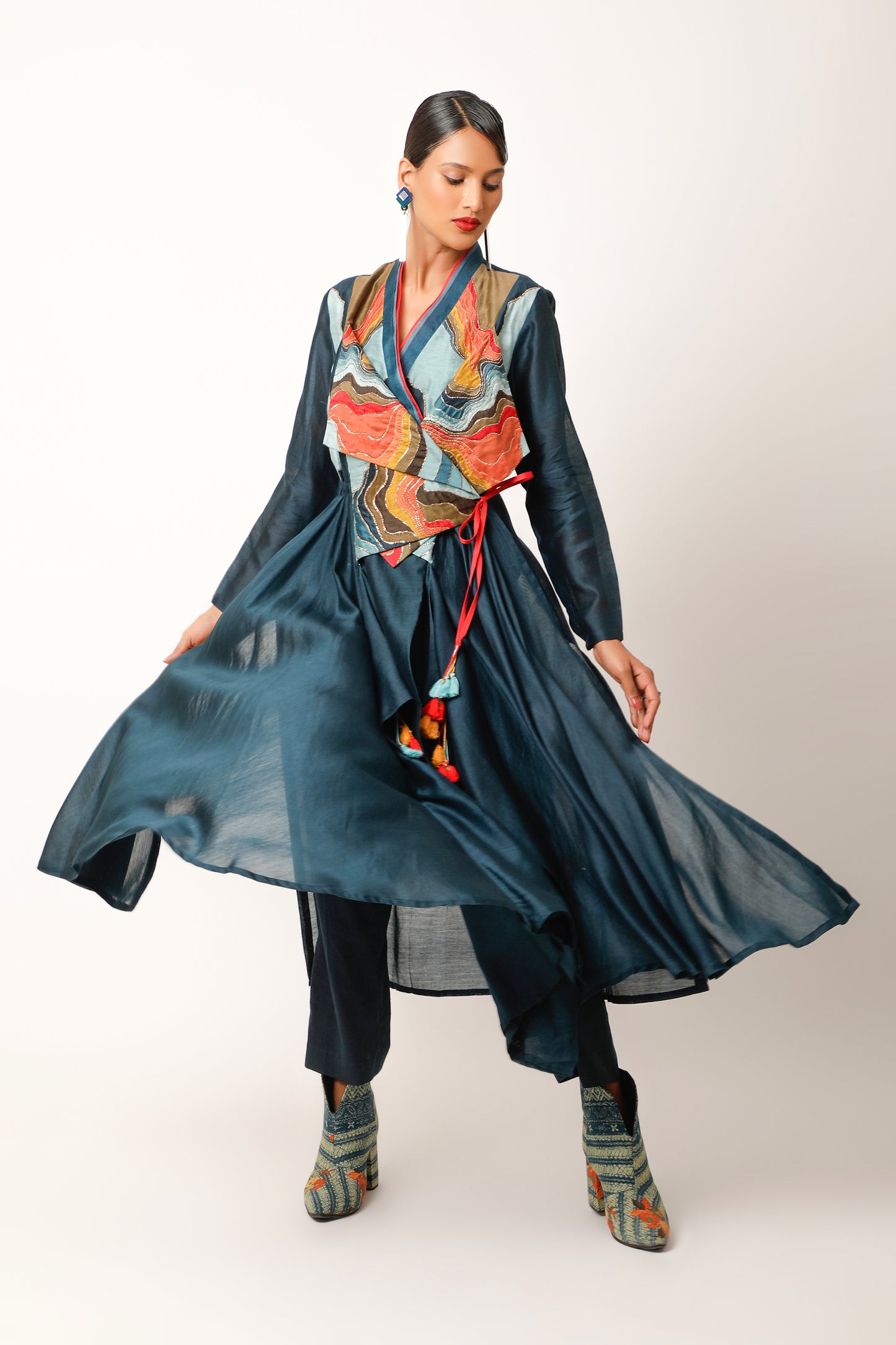 Landscape Embroidered Overlap Angrakha With Pants - Midnight Blue