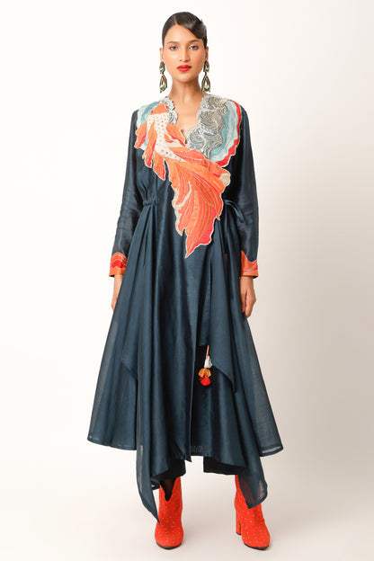 Koi Fish Embroidered Angrakha With Pants - Midnight Blue