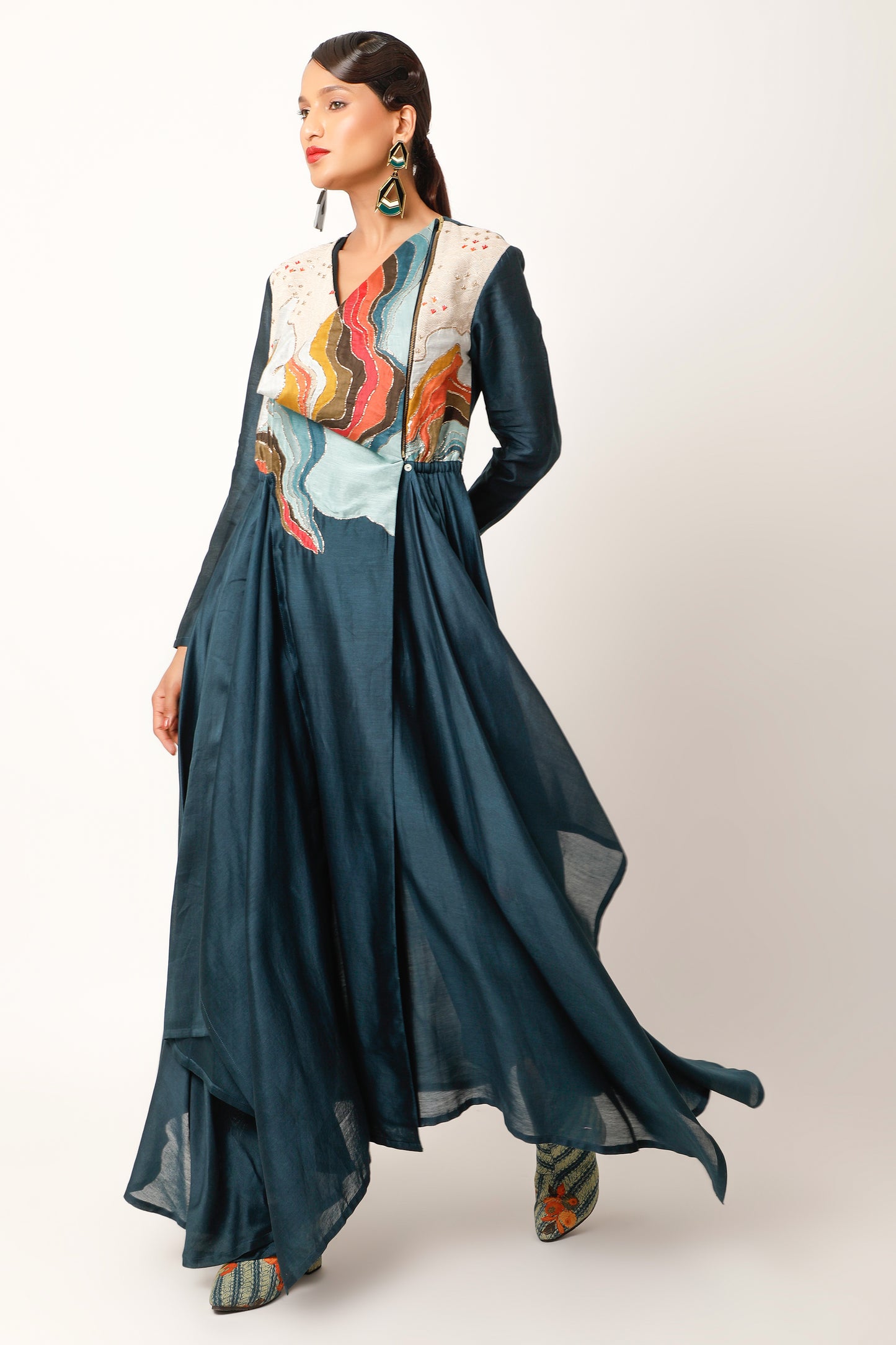 Landscape Embroidered Zippered Angrakha With Pants - Midnight Blue