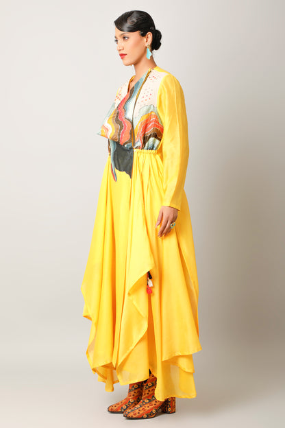 Landscape Embroidered Zippered Angrakha With Pants - Yellow