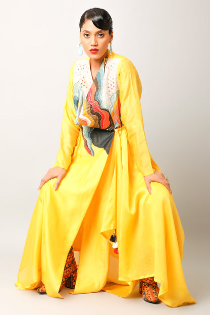 Landscape Embroidered Zippered Angrakha With Pants - Yellow