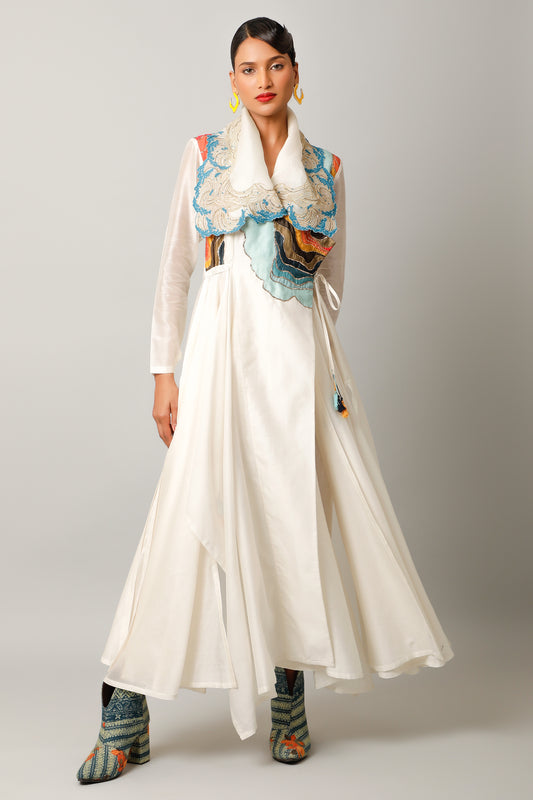 Waves Embroidered Draped Collar Angrakha With Pants - Ivory