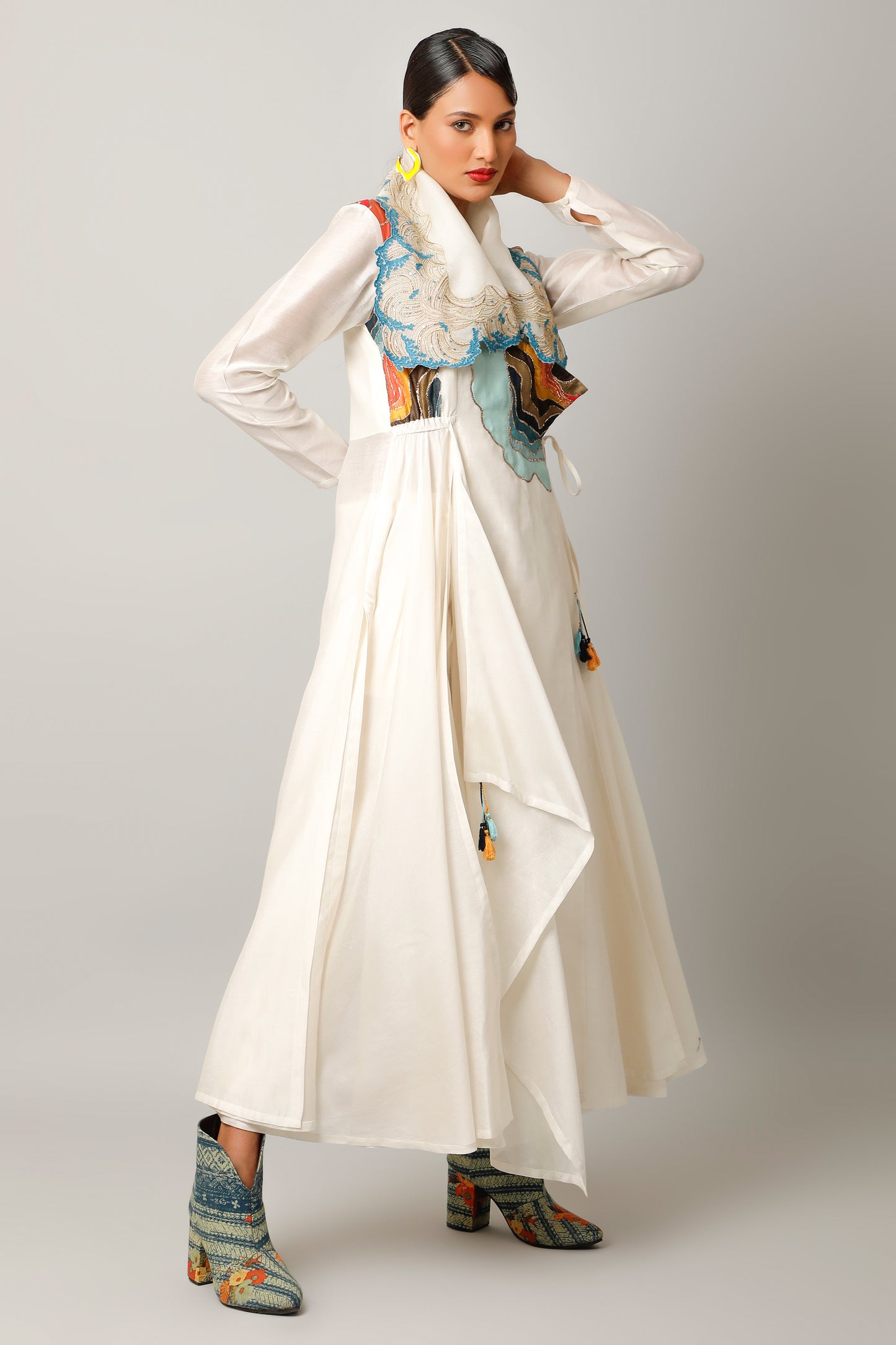 Waves Embroidered Draped Collar Angrakha With Pants - Ivory