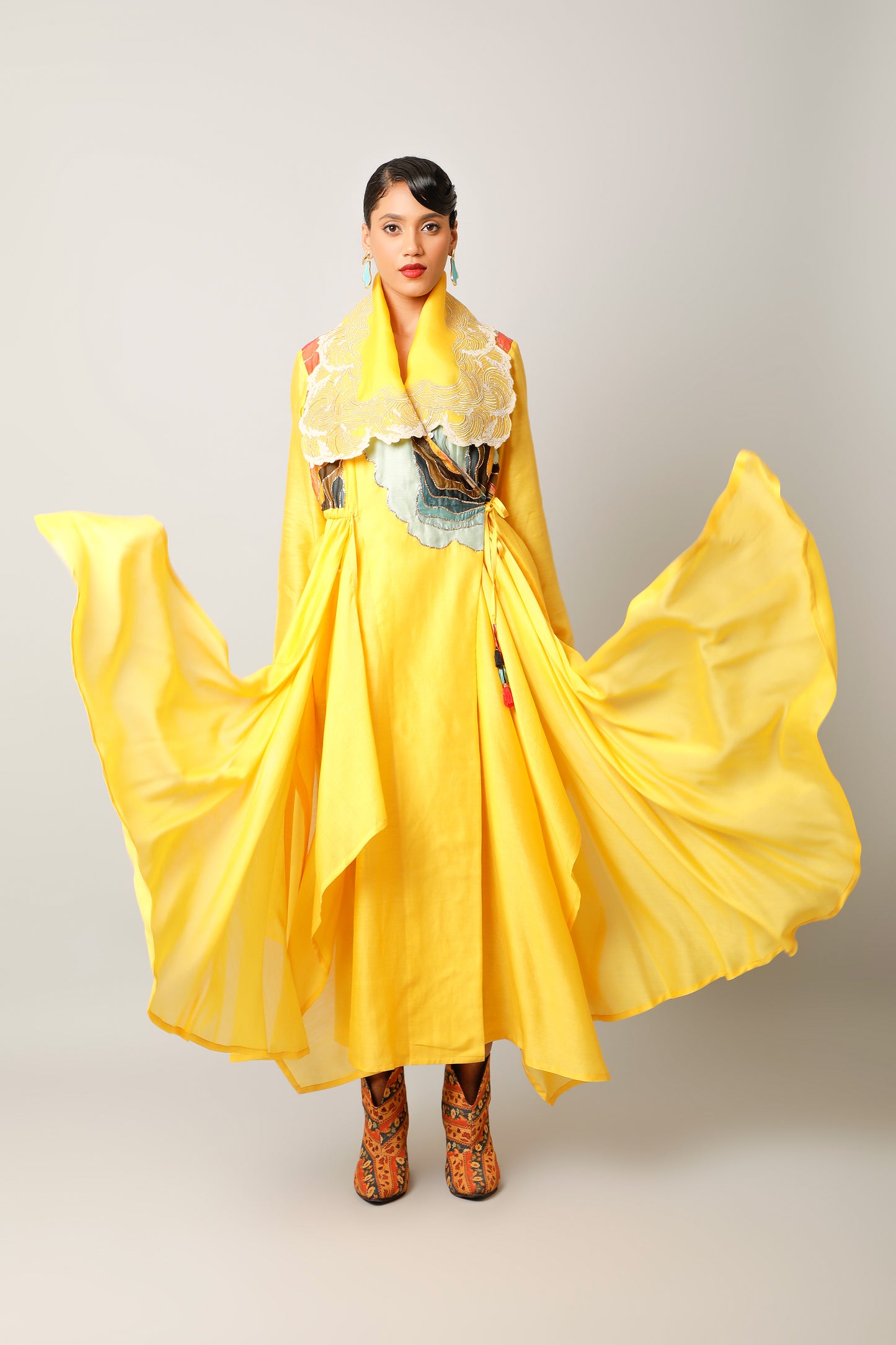 Waves Embroidered Draped Collar Angrakha With Pants - Yellow