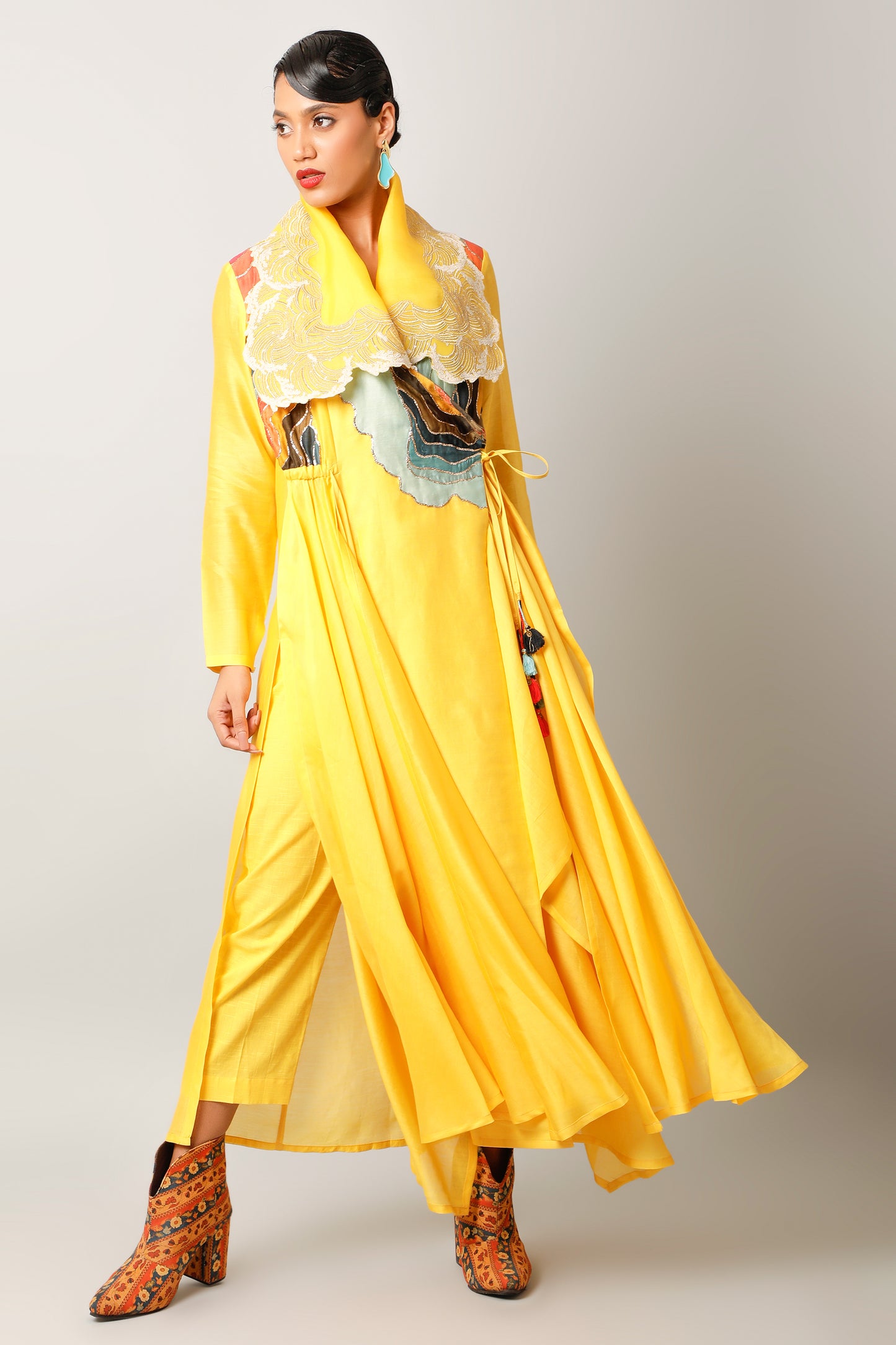Waves Embroidered Draped Collar Angrakha With Pants - Yellow