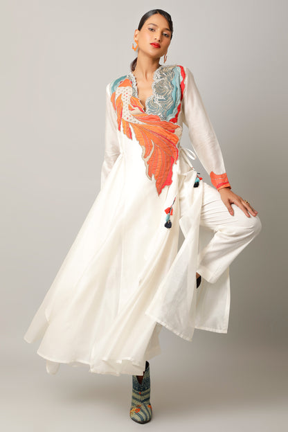 Koi Fish Embroidered Angrakha With Pants - Ivory