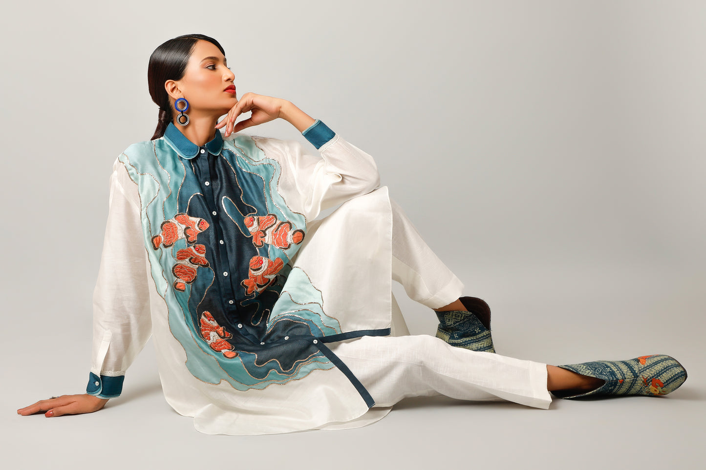 Anti Fit Shirts With Fish Embroidery And Pants - Ivory