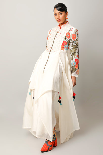 Foliage Embroidered Zippered Angrakha With Pants - Ivory