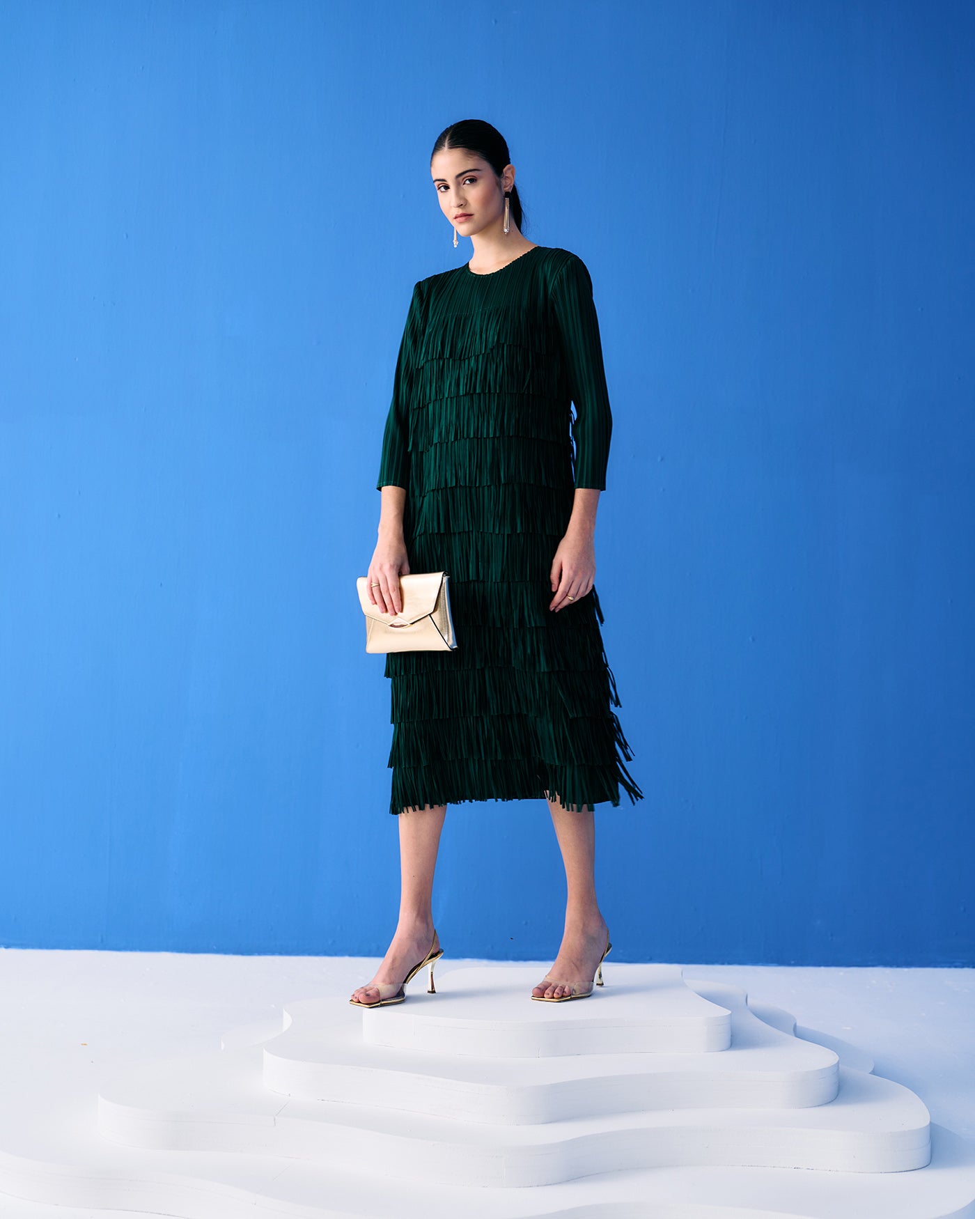 Green Long Sleeves Fringe Dress