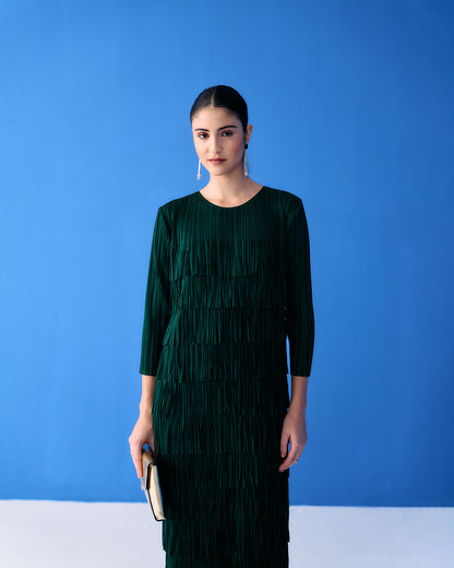 Green Long Sleeves Fringe Dress