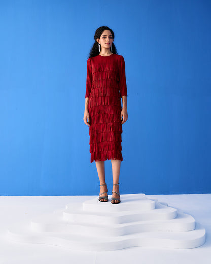 Maroon Long Sleeves Fringe Dress