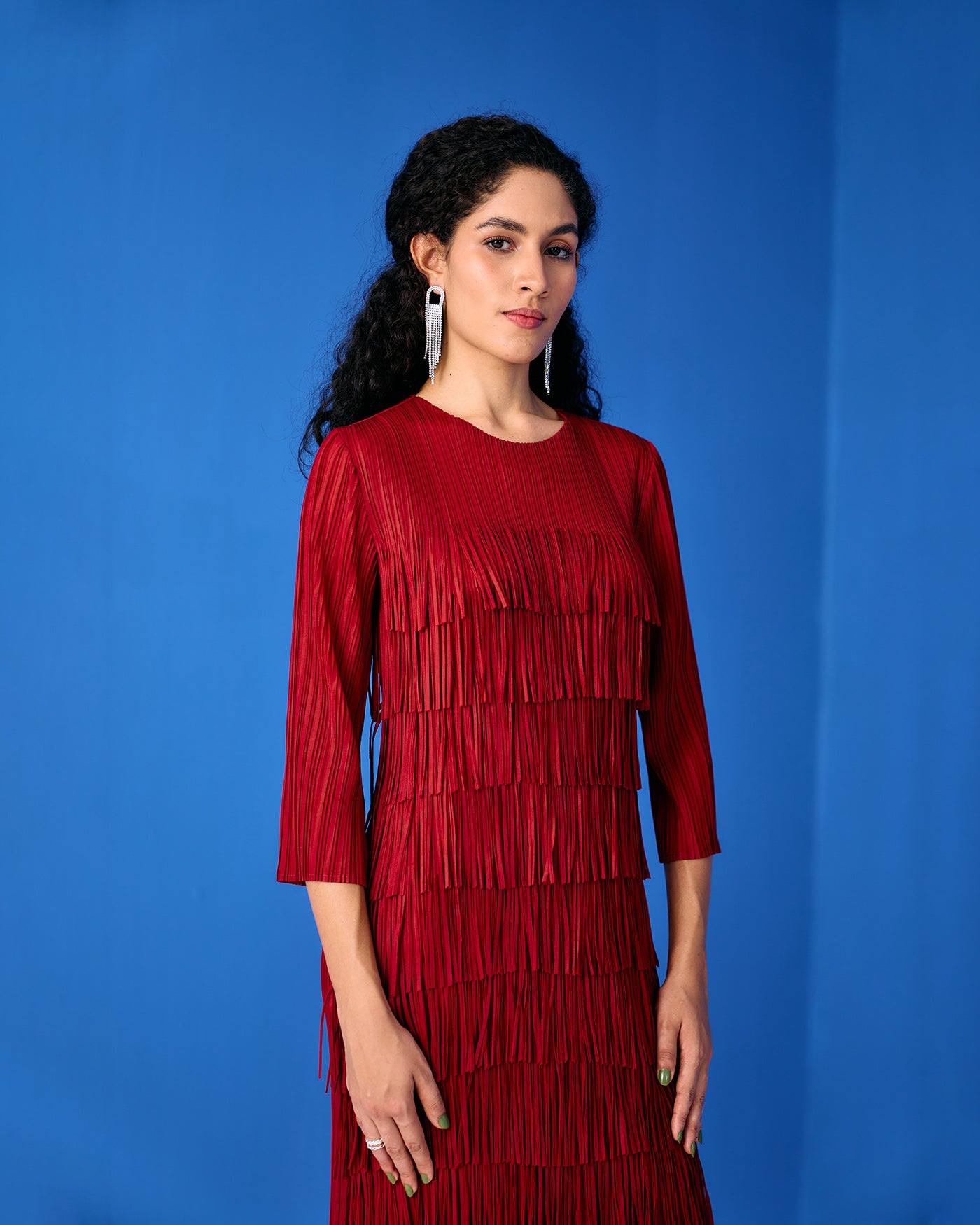 Maroon Long Sleeves Fringe Dress