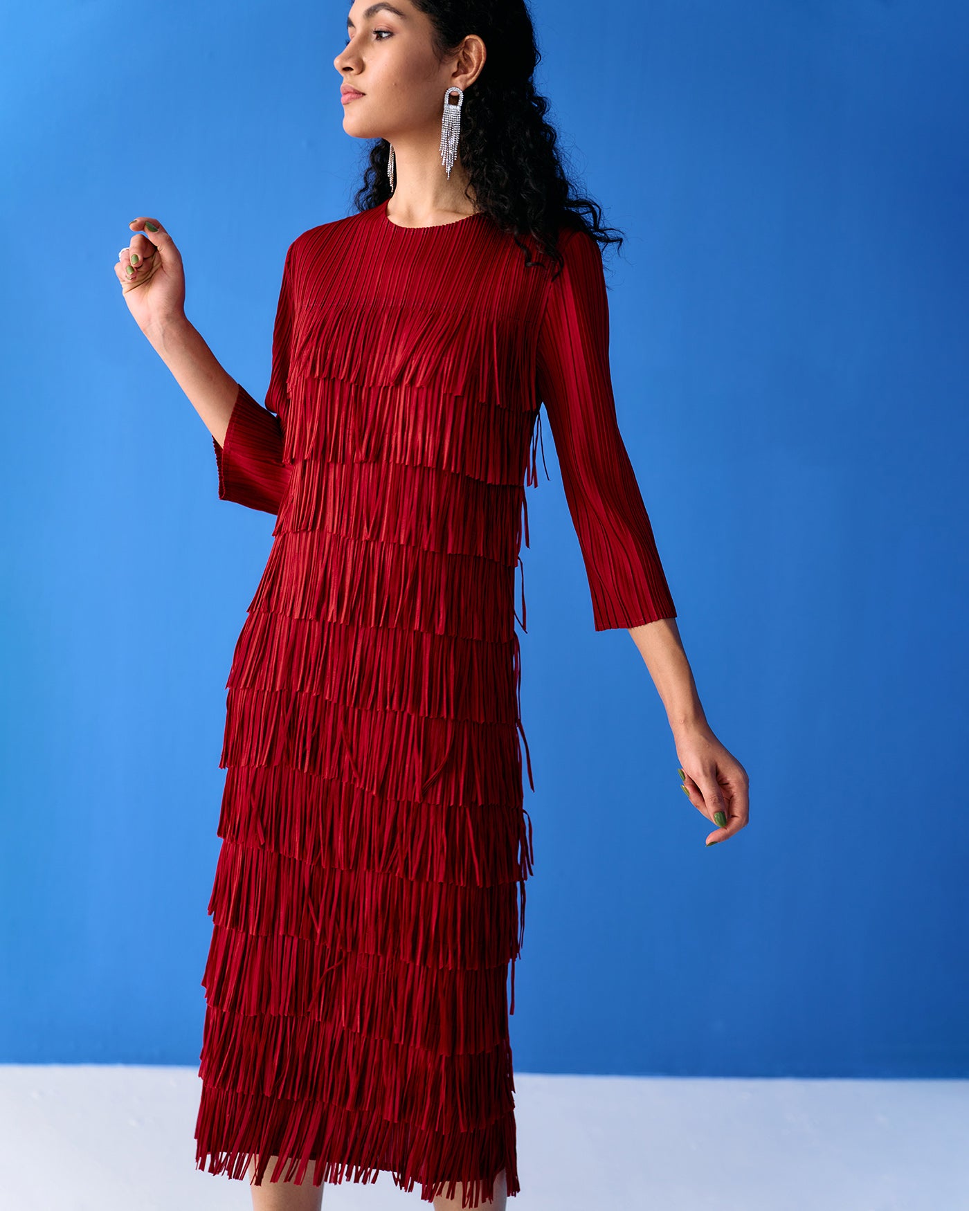 Maroon Long Sleeves Fringe Dress