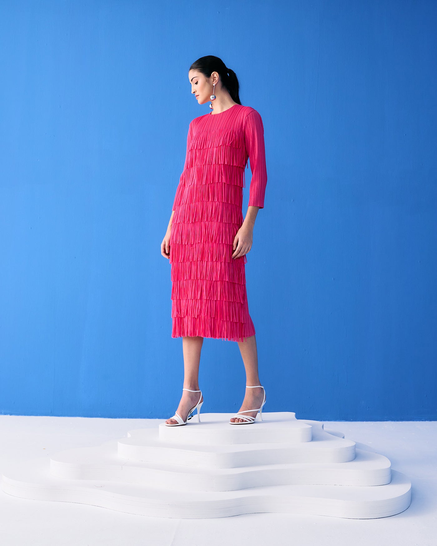 Fuscia Long Sleeves Fringe Dress