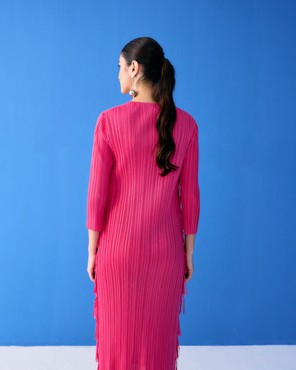 Fuscia Long Sleeves Fringe Dress