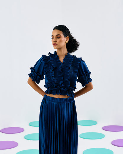 Blue Frill Pleated Top