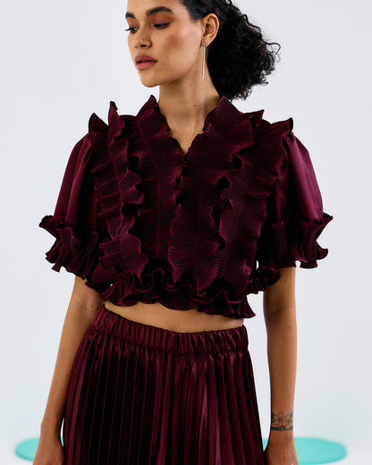 Maroon Frill Pleated Top