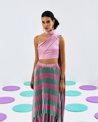 Pink One Shoulder Pleated Drape Top