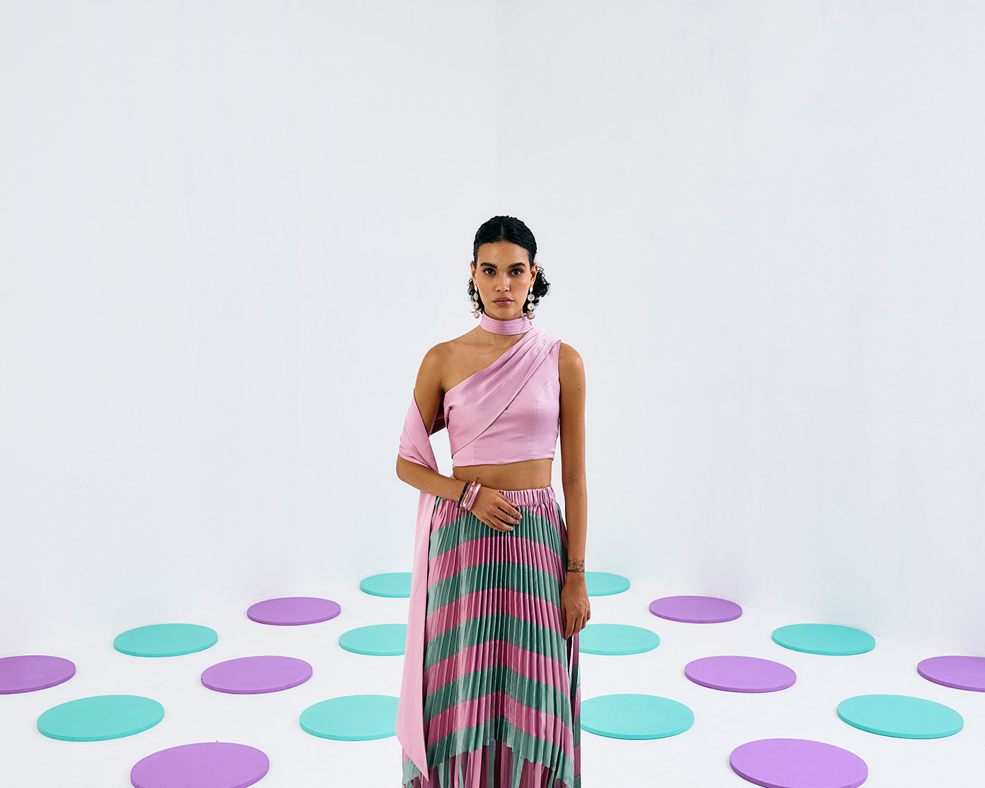 Pink Green Colorblock Pleated Skirt