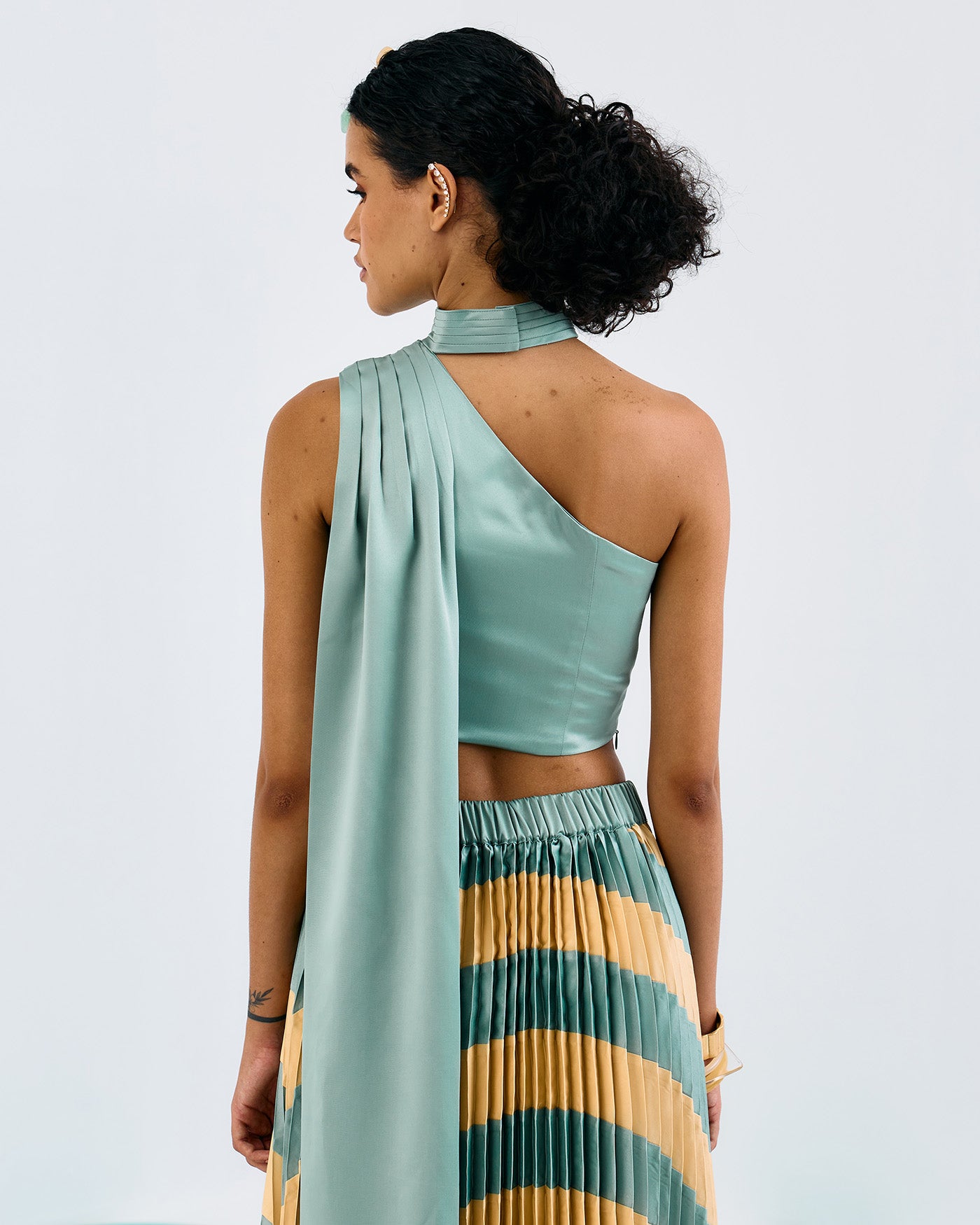 Green Yellow Colorblock Pleated Skirt