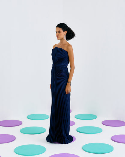 Blue Pleated Tube Gown