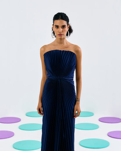 Blue Pleated Tube Gown