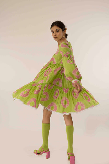 Tie And Dye- Pink Sharp Green Daisy Dress