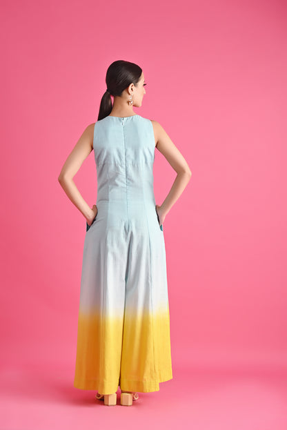 Ice Blue And Yellow Space Tucks Ombree Jumpsuit